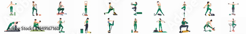 Collection of female character illustrations performing different fitness and yoga exercises with various gym equipment like foam rollers, dumbbells, and resistance bands.