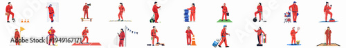Large Collection of Flat Vector Illustrations Featuring Various Sports Coaches and Physical Education Teachers in Red Tracksuits Performing Different Training Tasks