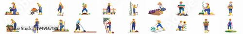 Comprehensive collection of flat vector illustrations featuring diverse farmers and gardeners engaged in various agricultural activities like harvesting, planting, and tending to organic crops.