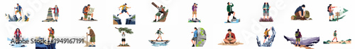 Set of diverse hikers and outdoor adventurers engaged in various activities like trekking, climbing, and navigating in nature, flat vector illustration.