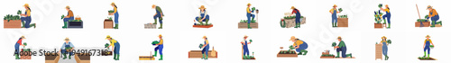 Set of diverse gardeners planting and harvesting vegetables in raised beds, flat vector illustration on white background.