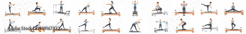 Collection of flat vector illustrations depicting a woman performing various pilates reformer exercises for fitness, strength, and flexibility training.