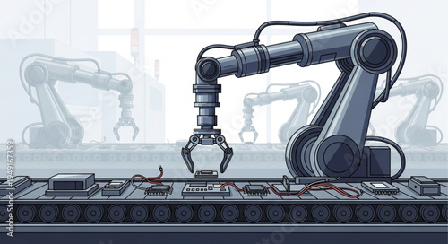 Industrial robotic arm on a factory assembly line.