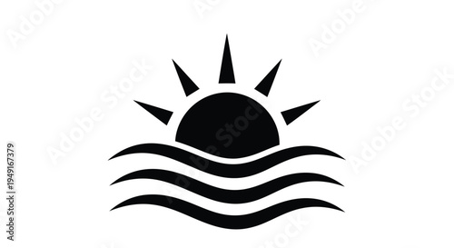 Black and white graphic of a sun rising over wavy lines