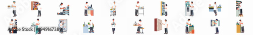 Set of diverse pharmacy workers and pharmacists performing various professional tasks in a healthcare and drug store environment, flat vector illustrations on white background.