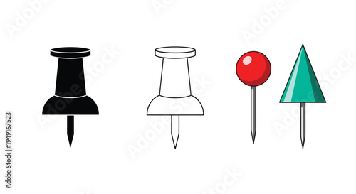Four variations of push pins illustrated in different styles and colors