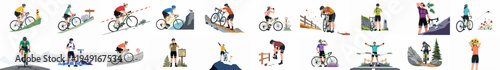 Flat Vector Illustration Collection of Cyclists in Various Outdoor Scenarios, Including Racing, Mountain Biking, and Resting Activities.