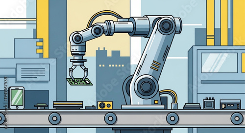 Automated Robotic Arm Working on a Factory Assembly Line.