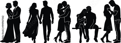 Romantic couple silhouettes set, man and woman hugging walking kissing sitting together love relationship isolated vector illustration collection