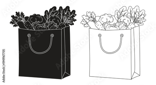 Two paper shopping bags filled with fresh vegetables in monochrome