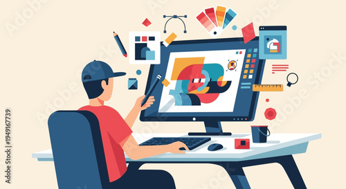 Man working on computer with graphics.