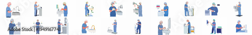 Set of medical workers in scrubs performing various handwashing and surgical scrubbing procedures for hospital hygiene and infection control illustration.