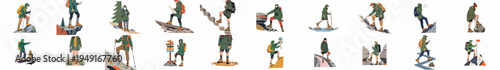 Large set of flat illustrations featuring people hiking in various terrains, wearing outdoor gear and backpacks for adventure and exploration.