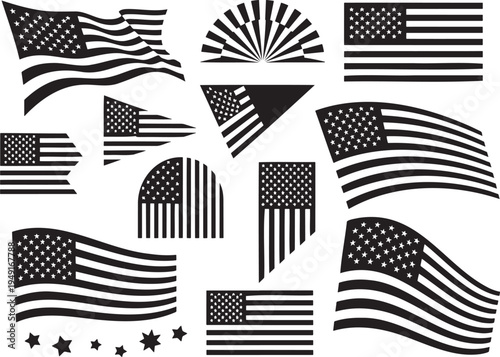 A diverse assortment of black and white American flag designs appear in various shapes and waving formations