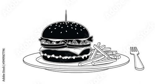 A black and white illustration of a burger fries and a fork on a plate