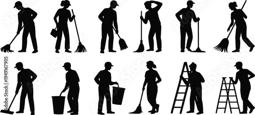Silhouette illustrations of various cleaning and maintenance workers