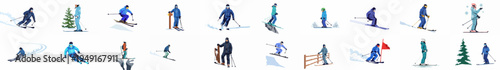Set of diverse skiers in various poses and winter gear, including downhill skiing, jumping, and standing by trees, flat vector illustration collection.