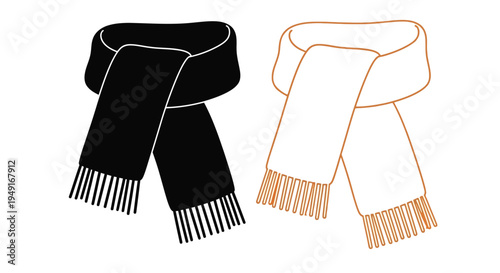 Two scarves are displayed one black one orange with fringed ends