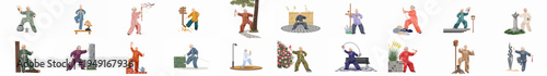 A set of twenty flat vector illustrations depicting an elderly woman practicing Tai Chi in diverse outdoor environments with various traditional props and costumes.