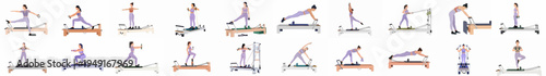 Collection of flat illustrations showing women performing various Pilates exercises on a reformer machine for fitness and core strength.