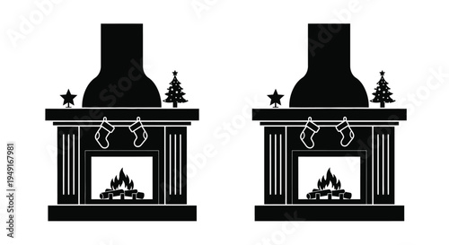 Black and white illustration of two decorated fireplaces with christmas trees