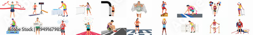 Flat vector illustrations set of marathon runners, athletic race scenes, competition winners, hydration breaks, and celebration moments on white background.