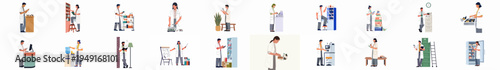 Collection of pharmacists and laboratory workers in white coats performing various professional tasks in a healthcare and pharmacy setting.