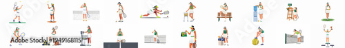 Comprehensive vector illustration set of a female tennis player in various professional poses, including training, match play, and celebrating tournament victory.