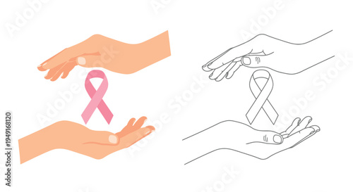 Hands holding a pink ribbon symbolizing breast cancer awareness and support