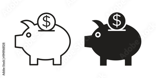 Piggy bank icon with editable stroke and solid design vectors