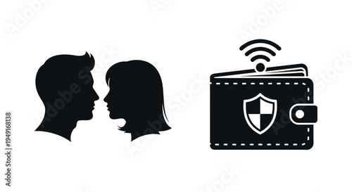 Couple facing each other with a secure digital wallet icon nearby
