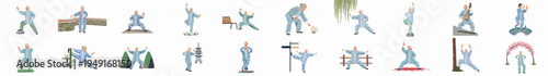 Set of Illustrations Featuring Elderly People Practicing Tai Chi and Qigong in Various Outdoor Settings, Promoting Healthy Aging and Traditional Chinese Culture.