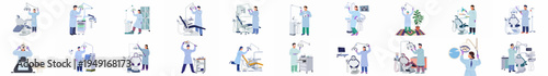 Comprehensive set of 2D flat illustrations featuring male and female dentists and dental assistants using professional equipment in various dental office scenarios.