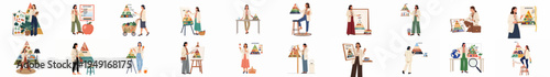 Collection of diverse vector illustrations of professional female nutritionists presenting various food pyramids and educational material for healthy lifestyle and balanced diet.