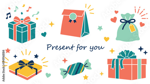 Colorful gift box and present icons set with flat style illustration on white