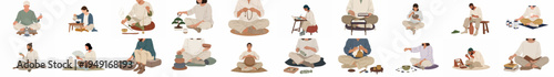Collection of diverse people practicing mindfulness, meditation, and slow living activities like tea ceremony, zen gardening, and yoga in a minimalist flat illustration style.