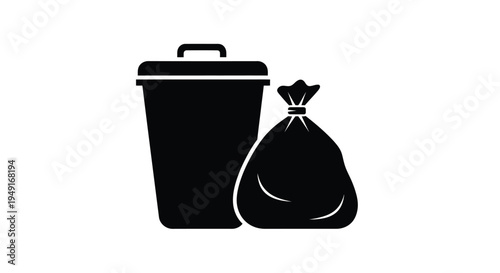 Black and white illustration of a trash can and tied garbage bag