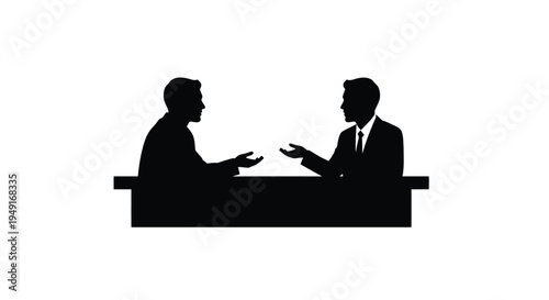 Two men in suits are silhouetted in a business discussion
