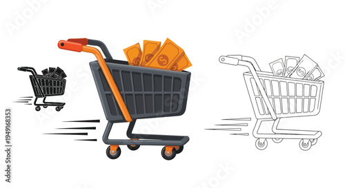 Shopping carts filled with money illustrate financial transactions and consumerism