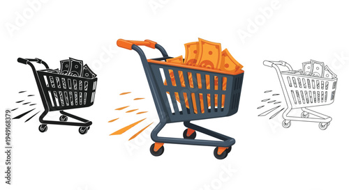 Shopping carts filled with money a financial illustration in varying styles
