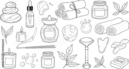 Black and white illustration of various spa and wellness products isolated on transparent background