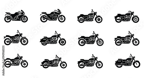 Collection of monochrome motorcycle silhouettes in various styles