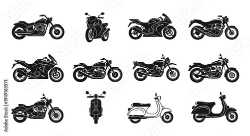 Collection of various motorcycle and scooter silhouettes in black and white