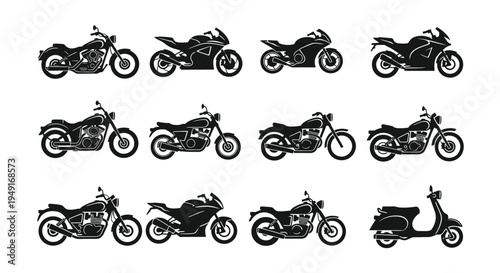 Silhouette collection of various motorcycles and a scooter in a grid layout