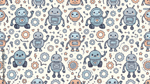 Cute robots vector pattern with friendly round robots and colorful gears on white background for tech designs