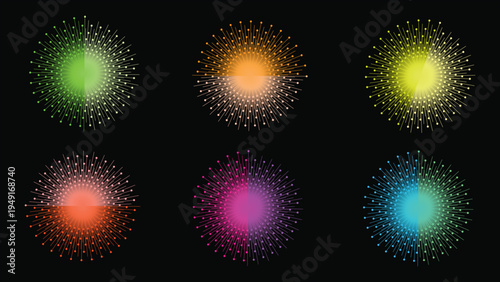 A collection of six vibrant, abstract light bursts in various colors against a dark background. Perfect for celebratory designs, digital art backgrounds, or creative projects.