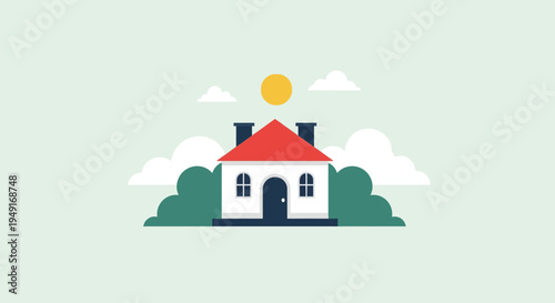 Small white house with red roof.