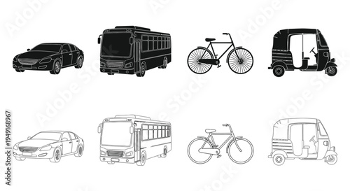 Black and white line art depicting various modes of transportation
