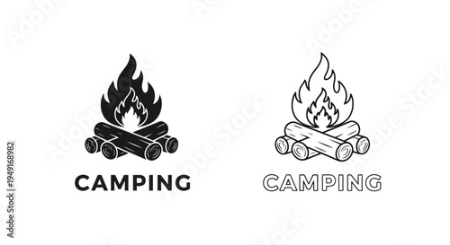 Black and white illustration of two stylized campfire designs with text