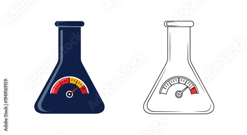 Two conical flasks one colored and one outlined displaying gauge indicators
